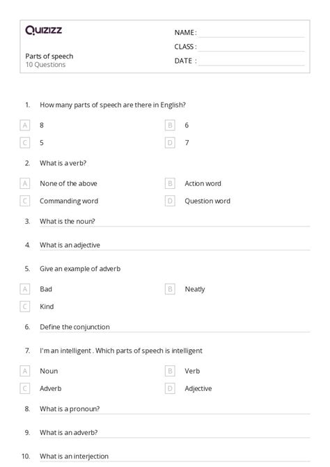 50 Parts Of Speech Worksheets On Quizizz Free And Printable