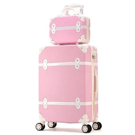 Women Hard Retro Pink Rolling Luggage Set Trolley Baggage With Cosmetic