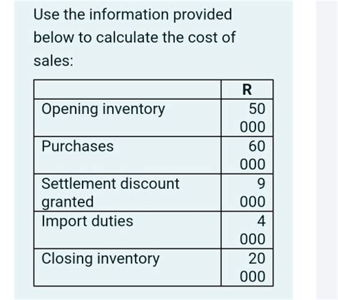 Solved Use The Information Provided Below To Calculate The Cost Of