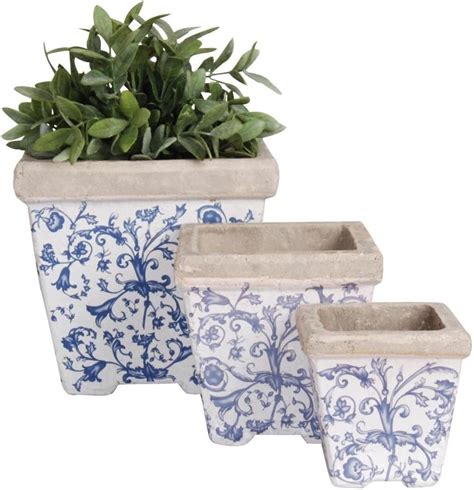 Amazon Esschert Design USA Ceramic Sq 3 Nesting Flowerpots Blue