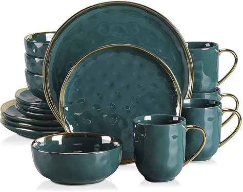 LOVECASA 16 Piece Stoneware Dinnerware Sets Dark Green And Gold