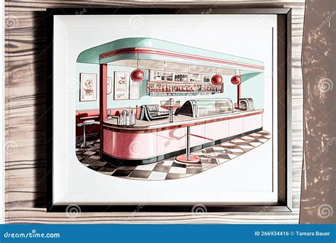 Watercolor Illustration Of An Indoor Diner From The 1950s Era Stock