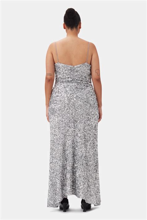 Silver 3d Sequins Long Slip Dress Ganni