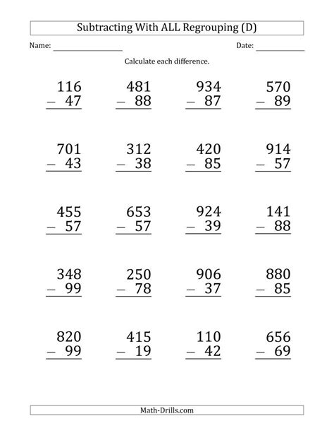 Subtraction Digit By Digit Worksheets