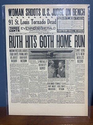 VINTAGE NEWSPAPER HEADLINE BABE RUTH HITS 60th HOME RUN 1927 BASEBALL