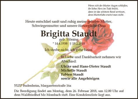 Traueranzeigen Von Brigitta Staudt Vrm Trauer De