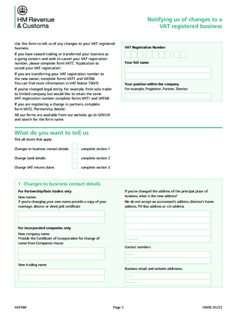 Fillable Form VAT484 Notifying Of Changes To A VAT Fill Out Sign