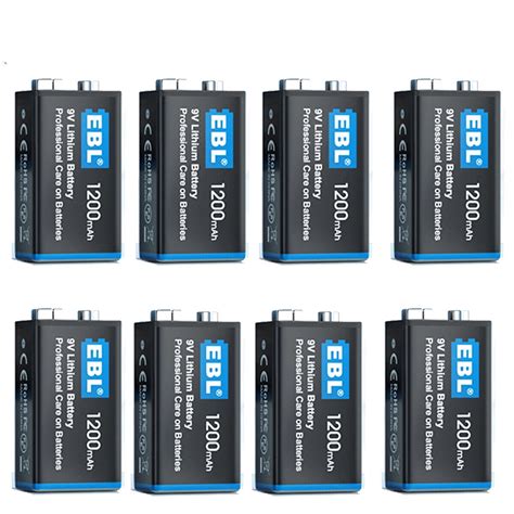 EBL 8 Pack 9V Li Ion Batteries 1200mAh Non Rechargeable Batteries 9