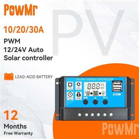 【official Store】powmr Pwm 10a 20a 30a Solar Charger Controller 12v 24v Battery Automatic