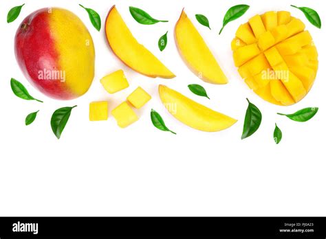 Mango Fruit And Slices Decorated With Leaves Isolated On White