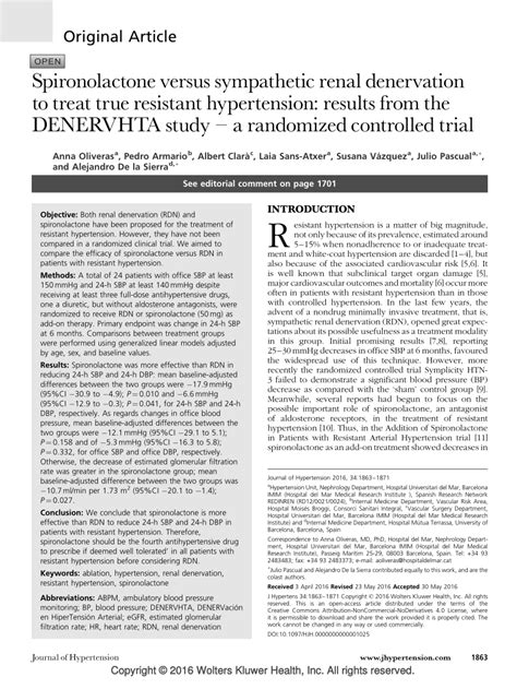 Pdf Spironolactone Versus Sympathetic Renal Denervation To Treat True