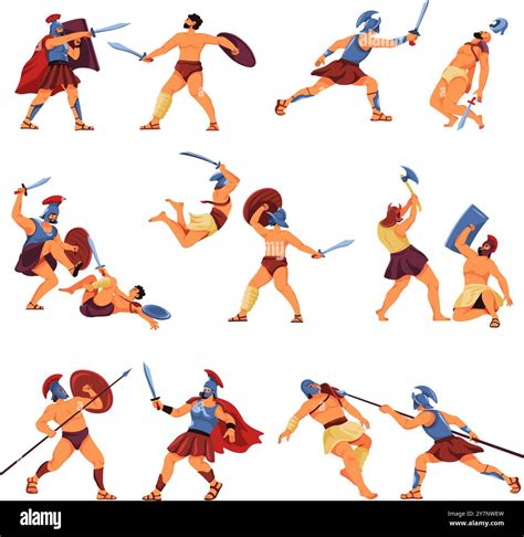 Roman Gladiator Characters Ancient Rome Empire Soldiers Cartoon Gladiators Slave Warriors