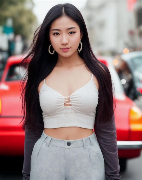 Premium Ai Image A Woman In A White Top Stands In Front Of A Red Car