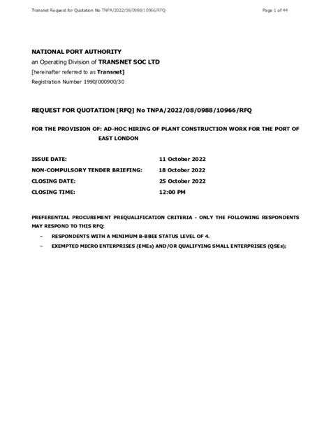 Fillable Online Transnet Request For Quotation No Tnpa