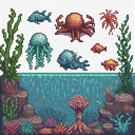 Pixel Art Underwater Adventure Vibrant Marine Life And Captivating