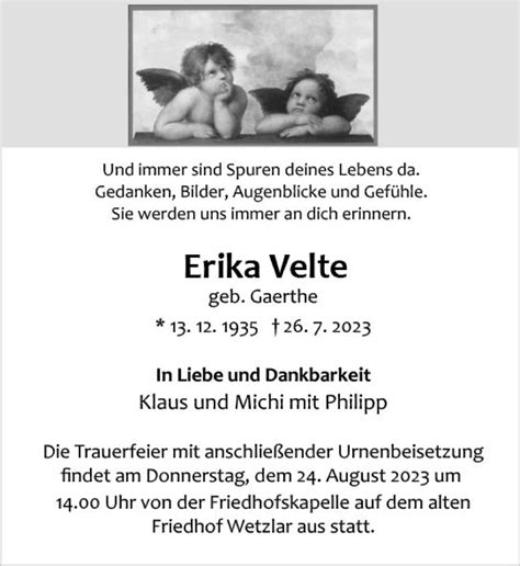 Traueranzeigen Von Erika Velte Vrm Trauer De