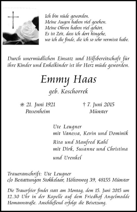 Traueranzeigen Von Emmy Haas Trauer Ms