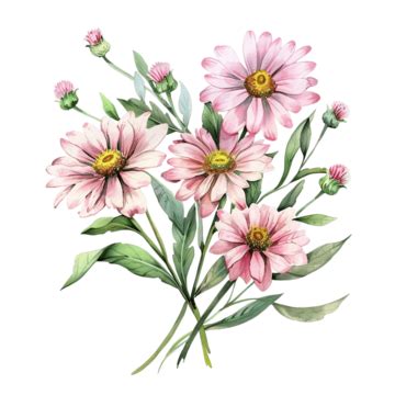 Bouquet Of Pink Chamomile And Green Leaves Watercolor Plant Flower