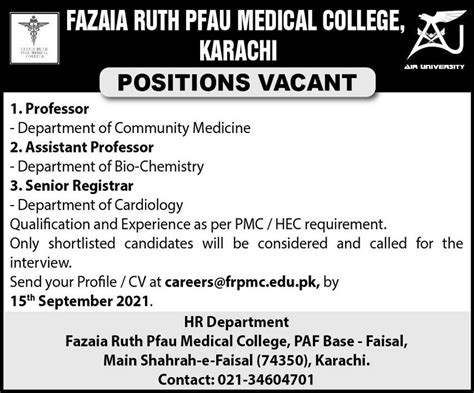 Fazaia Ruth Pfau Medical College Karachi Jobs September