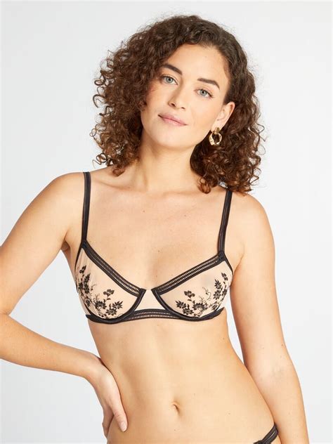 Soutien Gorge En Tulle Brod Beige Noir Kiabi