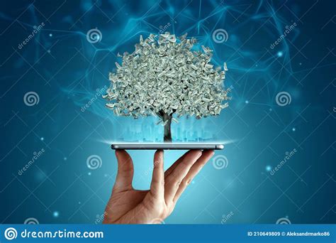 A Money Tree With Dollars Instead Of Leaves Grows From A Smartphone Work Online The Concept Of