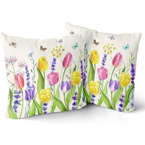 Tulip Lavender Throw Pillow Cover 20x20 Inch Set Of 2 Farmhouse Spring Summer Garden Colorful