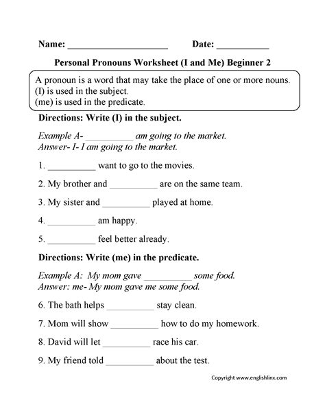 I And Me Personal Pronouns Worksheets Part 2 Beginner Personal