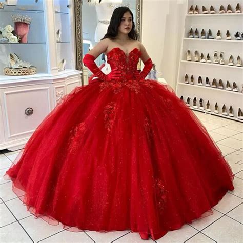 Red Quinceanera Dresses Sweetheart Lace Appliques Floral Sweet