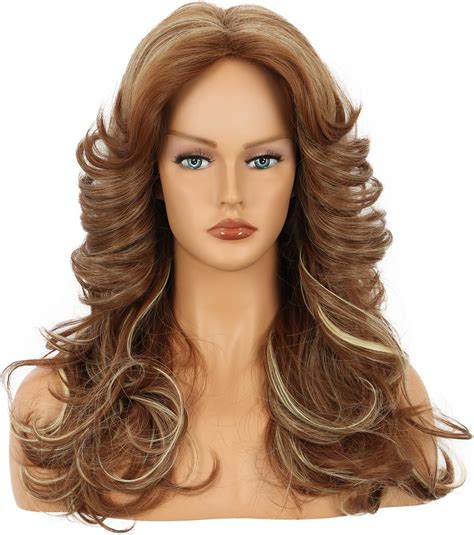 Yuehong Long Dark Brown Blonde Curly 70s Disco Wig Vintage Feathered