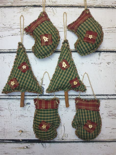 Rustic Homespun Fabric Country Christmas Tree Ornaments Set Etsy UK