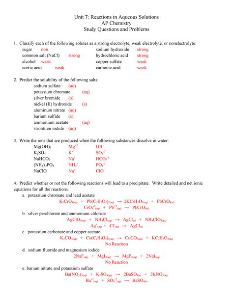 Reactions In Aqueous Solutions Worksheet Answers Solutions Worksheet