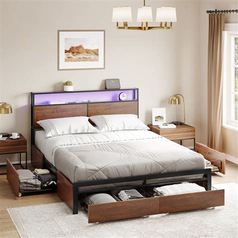 17 Stories Antioch Bed Frame with 4 Drawers, Modern bed with LED Light ...