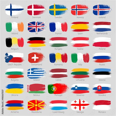 Colorful Brush Strokes Painted European Countries Flags Set Stock