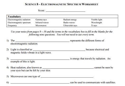 Science 8 Electromagnetic Spectrum Worksheet