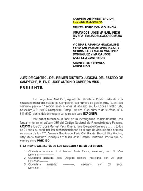 Escrito De Acusación 1 Pdf Testimonio Derecho Penal