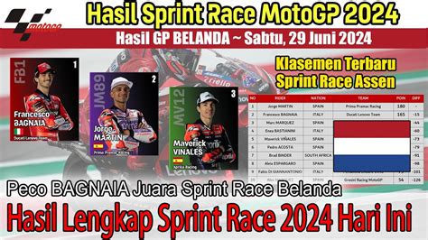 Hasil Sprint Race MotoGP Belanda 2024 Klasemen MotoGP Terbaru GP