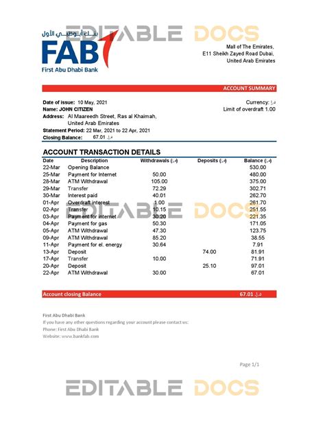 Uae First Abu Dhabi Bank Statement Easy To Fill Template In Xls And