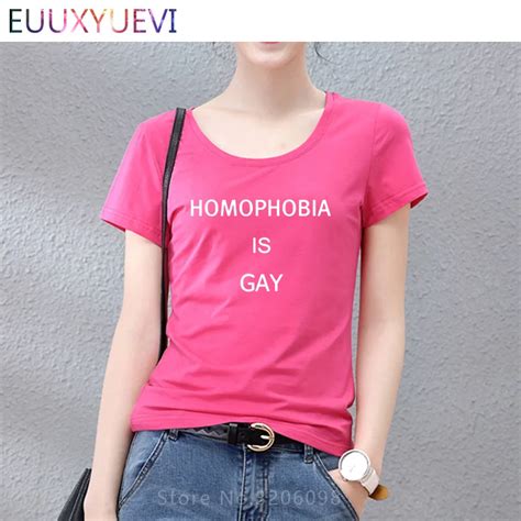 Women S Cotton Basic T Shirts HOMOPHOBIA IS GAY Letter Print Black