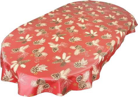 Karina Home Oval Christmas Pine Cones Red Pvc Vinyl Wipe Clean Oilcloth