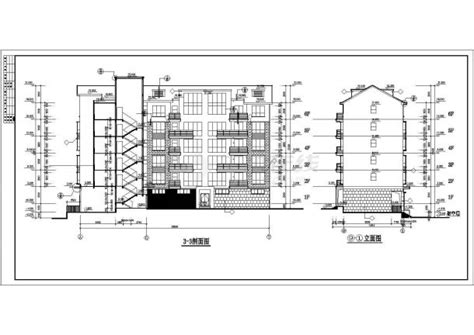 合肥市某小区7层混合结构临街商住楼立剖面设计cad图纸（底层商铺）土木在线