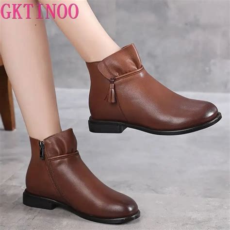 Gktinoo Ankle Boots De Couro Genu No Para Mulheres Sapatos Baixos