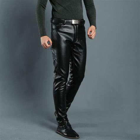 Men Faux Leather Pant Stretch Pu Leggings Biker Black Wet Look Trouser