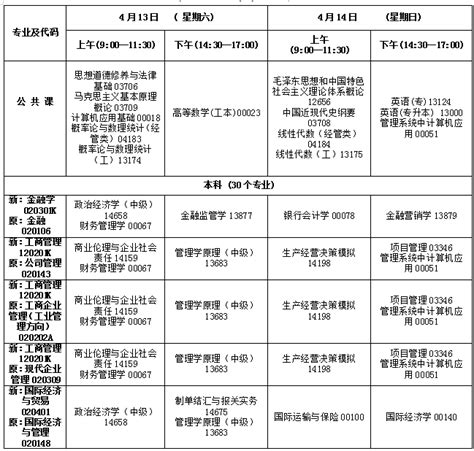 2024年4月自考科目及考试时间表学梯网