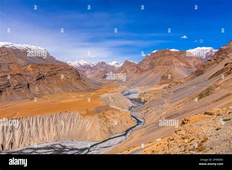 Serene Landscape Of Spiti River Valley With Gully Eroded And Pinnacle