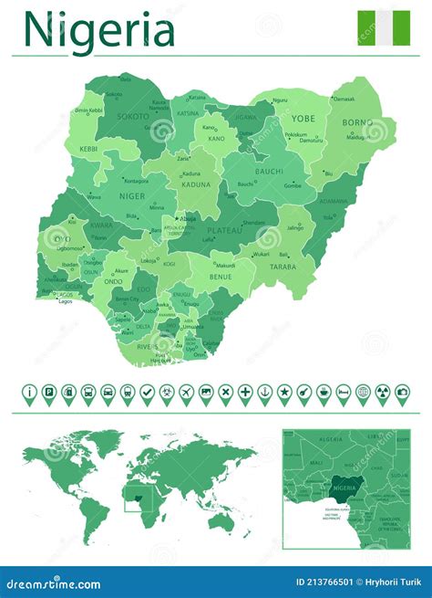 Nigeria Detailed Map And Flag Nigeria On World Map Stock Vector