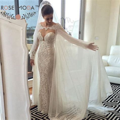 Illusion Plunging V Neck Long Sleeves Lace Sheath Wedding Dress With Removable Cape See Through