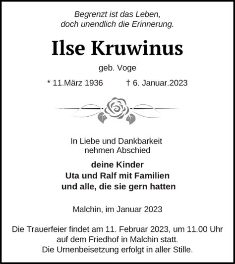 Traueranzeigen Von Ilse Kruwinus Trauer Nordkurier