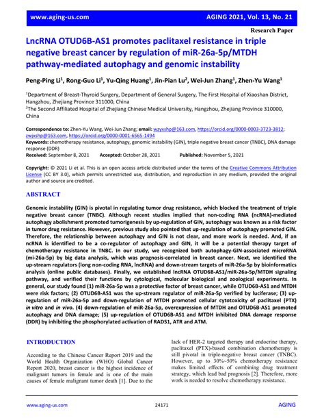 Pdf Lncrna Otud B As Promotes Paclitaxel Resistance In Triple