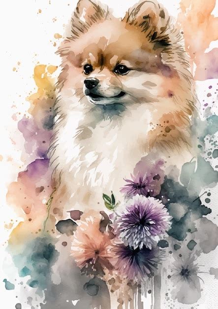 Arte de perro pomerania en diseño de acuarela Vector Premium