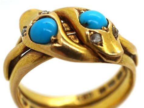 Victorian Ct Gold Double Snake Ring Set With Turquoise Rose